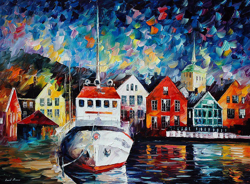 Boat In A Safe Haven - Limited Edition 1/25 by Leonid Afremov: Boat In A Safe Haven - Limited Edition 1/25 by Leonid Afremov Available EXCLUSIVELY through Mynt Auctions, this is a limited edition giclee hand-painted by Leonid Afremov, who sadly passed away in 201