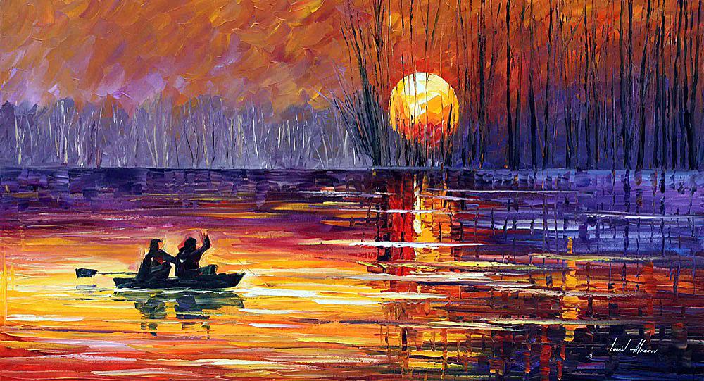 Sunset Fishing - Limited Edition 1/25 by Leonid Afremov: Sunset Fishing - Limited Edition 1/25 by Leonid Afremov Available EXCLUSIVELY through Mynt Auctions, this is a limited edition giclee hand-painted by Leonid Afremov, who sadly passed away in 2019. Thi