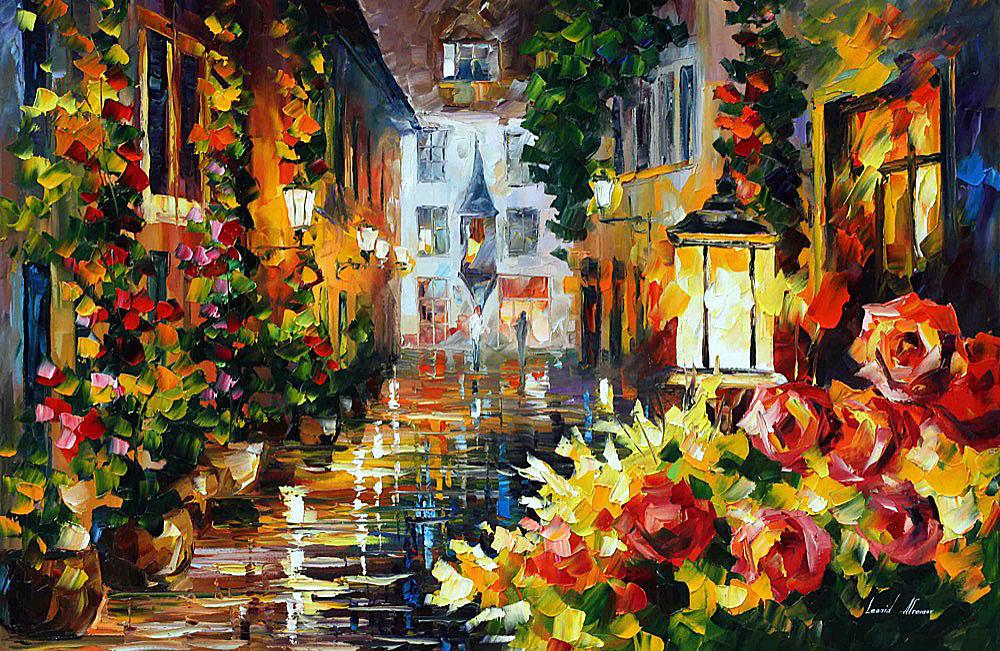 Street Of Flowers - Limited Edition 1/25 by Leonid Afremov: Street Of Flowers - Limited Edition 1/25 by Leonid Afremov Available EXCLUSIVELY through Mynt Auctions, this is a limited edition giclee hand-painted by Leonid Afremov, who sadly passed away in 2019.