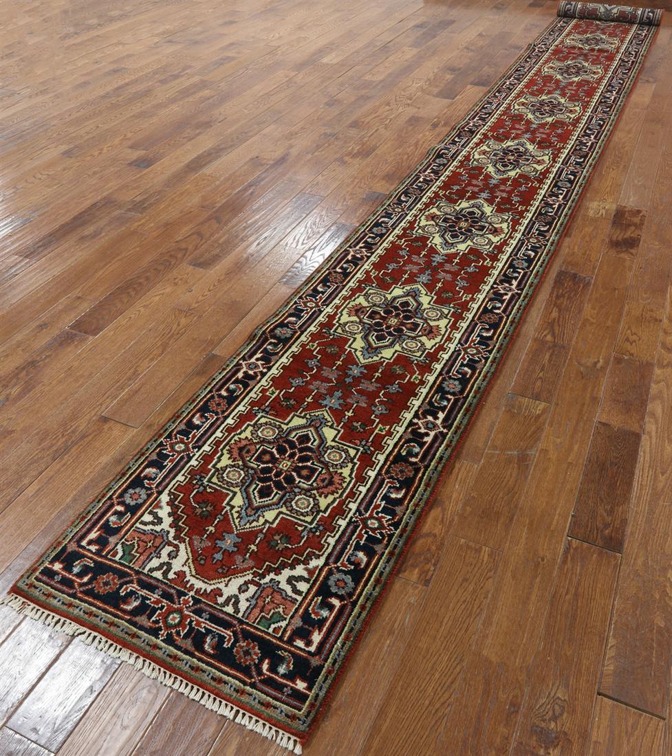 2' 6" X 19' 10" Runner Heriz Serapi Hand Knotted Wool Rug: 2' 6" X 19' 10" Runner Heriz Serapi Hand Knotted Wool Rug Design: Traditional Exact Size: 2\ 6 X 19\ 10 Style: Heriz Serapi Foundation: Cotton Pile: Wool Weave: Hand-knotted Age: New The Mynt Guarante