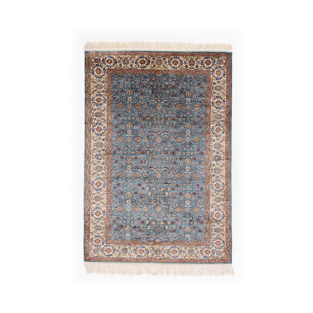 Handmade Kayseri Pure Silk Carpet: Origin: KAYSERI Type: CARPET Material: PURE SILK Weaving: DOUBLE KNOTS Made By: HANDMADE Width (Inch): 62.6 Length (Inch): 89.8 Approx Square Footage: 39.04 Width (cm): 159 Length (cm): 228 Approx Are