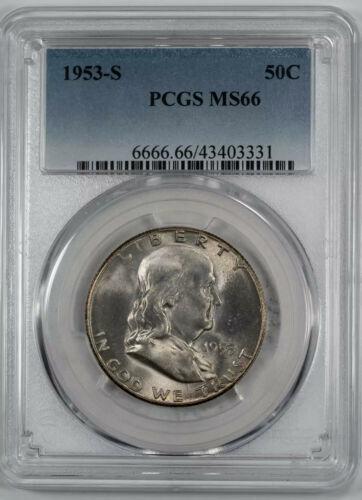 1953 S FRANKLIN HALF DOLLAR 50C PCGS MS 66 MINT STATE UNC - LT LIGHT TONING: 1953 S FRANKLIN HALF DOLLAR 50C PCGS MS 66 MINT STATE UNC - LT LIGHT TONING Certification: PCGS Composition: Silver Grade: MS-66 Year: 1953 Circulated/Uncirculated: Uncirculated Strike Type: MS Mint L