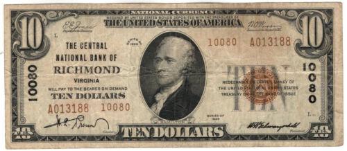 1929 T2 $10 CENTRAL NATIONAL BANKNOTE RICHMOND VIRGINIA CIRCULATED VERY: 1929 T2 $10 CENTRAL NATIONAL BANKNOTE RICHMOND VIRGINIA CIRCULATED VERY Country/Region of Manufacture: United States Certification: Uncertified Grade: Ungraded Type: Banknotes Year: 1929 Circulated/Un