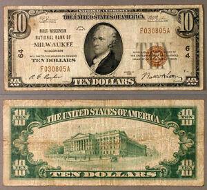 Milwaukee Wisconsin 1929 T-1 $10 CH #: Milwaukee Wisconsin 1929 T-1 $10 CH # Grade: Fine+ Denomination: $10 Type: National Bank Note Year: 1929 T-1 The MYNT Guarantee: All items in this auction are guaranteed authentic and come with a 100%