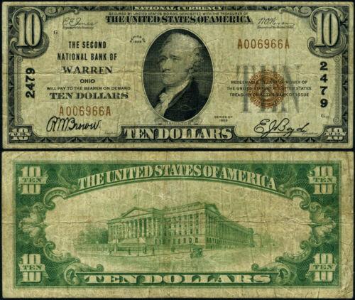 Warren OH $10 1929 T-1 National Bank Note Ch #2479 Second NB Very: Warren OH $10 1929 T-1 National Bank Note Ch #2479 Second NB Very Grade: Very Good Certification: Uncertified Circulated/Uncirculated: Circulated Denomination: $10 Type: National Bank Note Year: 1929 