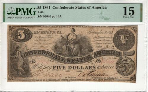 1861 $5 CONFEDERATE STATES OF AMERICA NOTE CURRENCY T-36 PMG FINE F 15: 1861 $5 CONFEDERATE STATES OF AMERICA NOTE CURRENCY T-36 PMG FINE F 15 Country/Region of Manufacture: United States Certification Number: 2074801-016 Certification: PMG Grade: 15 Type: Confederate Cur