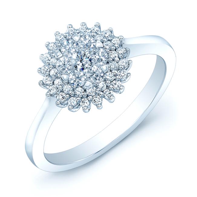 Diamond Cluster Starburst Ring In 14k White Gold: 14 Karat White Gold Coronet Ring With 43 Round Brilliant Diamonds Weighing 0.38 Carats Style: Coronet Primary Stone: Diamond Gender: Ladies Metal:14K White Gold Country of Origin: China Dimensions (Lx