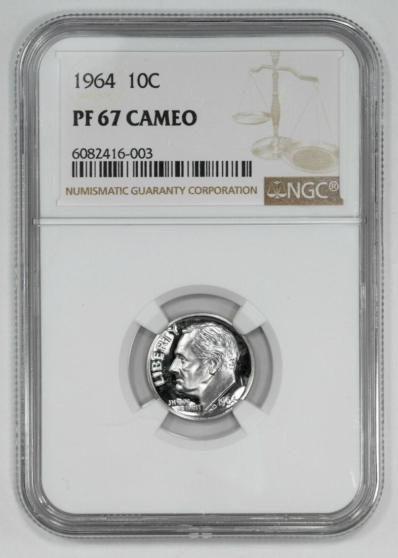 1964 PROOF ROOSEVELT DIME 10C NGC CERTIFIED PF 67 CAMEO: 1964 PROOF ROOSEVELT DIME 10C NGC CERTIFIED PF 67 CAMEO Certification: NGC Composition: Silver Grade: PF-67 Year: 1964 Circulated/Uncirculated: Unknown Strike Type: PR Mint Location: P Country: USA KM