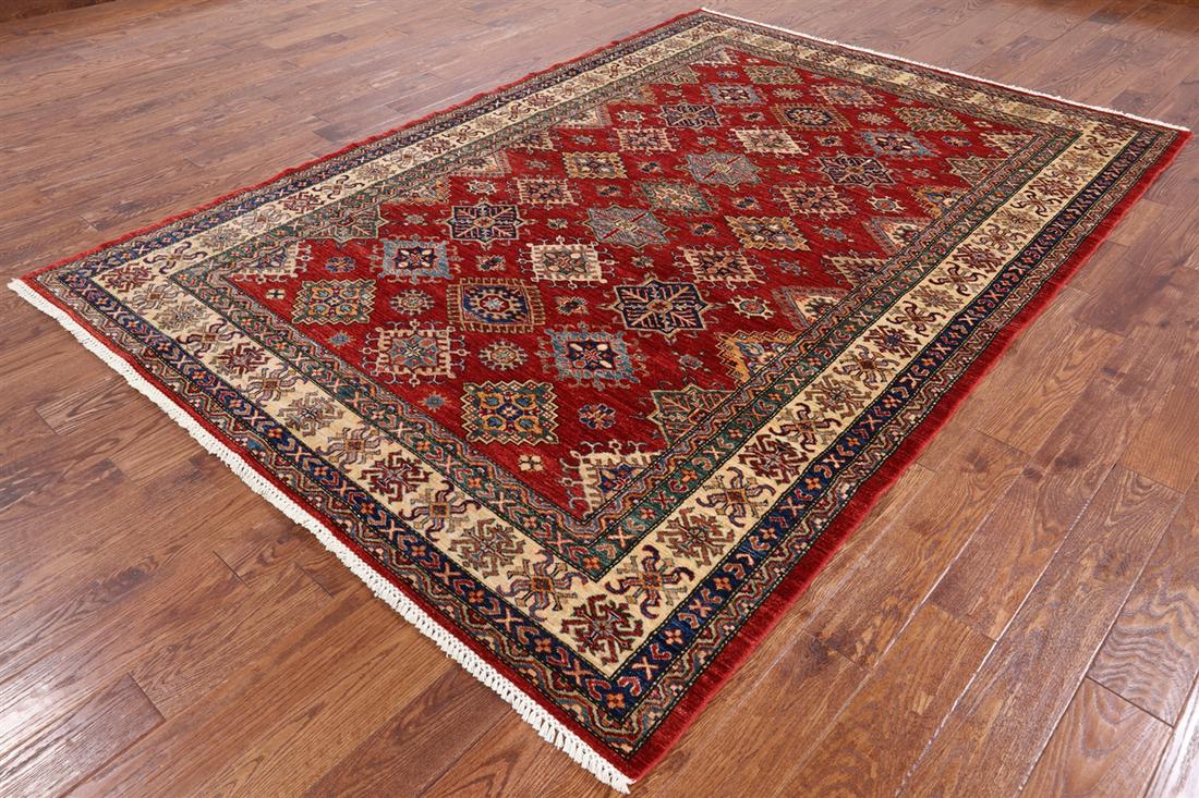 Super Kazak Hand Knotted Rug 6' 8" X 9' 7": Super Kazak Hand Knotted Rug 6' 8" X 9' 7" Design: Traditional Exact Size: 6\ 8 X 9\ 7 Style: Super Kazak Foundation: Cotton Pile: Wool Weave: Hand-knotted Age: New The Mynt Guarantee: All items in th