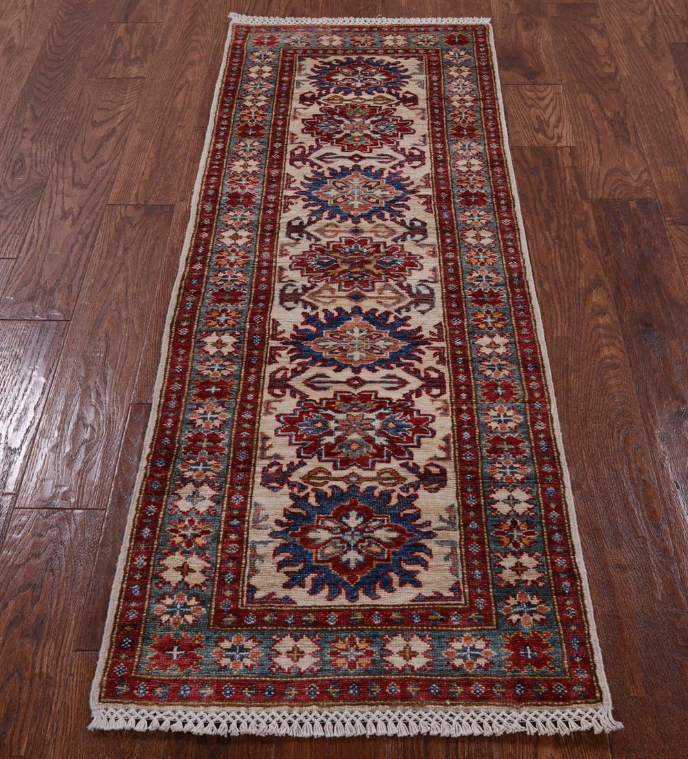 Runner Super Kazak Handmade Rug 2' 0" X 5' 6": Runner Super Kazak Handmade Rug 2' 0" X 5' 6" Design: Traditional Exact Size: 2\ 0 X 5\ 6 Style: Super Kazak Foundation: Cotton Pile: Wool Weave: Hand-knotted Age: New The Mynt Guarantee: All items in
