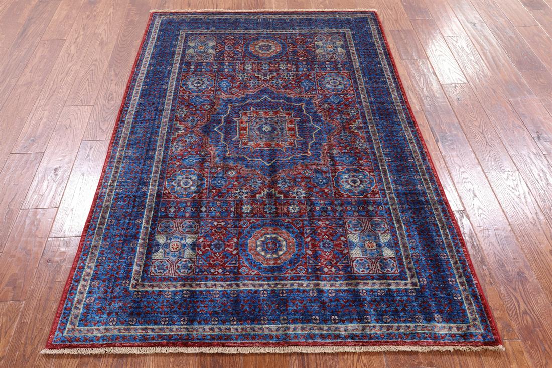 4' 0" X 6' 2" Mamluk Handmade Wool Rug: 4' 0" X 6' 2" Mamluk Handmade Wool Rug Design: Geometric Exact Size: 4\ 0 X 6\ 2 Style: Mamluk Foundation: Cotton Pile: Wool Weave: Hand-knotted Age: New The Mynt Guarantee: All items in this auction