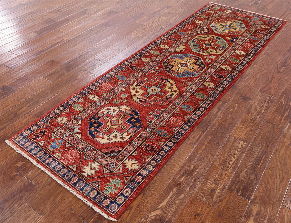 2' 8" X 8' 7" Bokhara Hand-Knotted Runner Rug: 2' 8" X 8' 7" Bokhara Hand-Knotted Runner Rug Design: Traditional Exact Size: 2\ 8 X 8\ 7 Style: Bokhara Foundation: Cotton Pile: Wool Weave: Hand-knotted Age: New The Mynt Guarantee: All items in thi