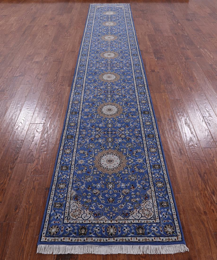 Runner Persian Nain Wool & Silk Hand Knotted Rug 2' 8" X 16' 0": Runner Persian Nain Wool & Silk Hand Knotted Rug 2' 8" X 16' 0" Design: Floral Exact Size: 2\ 8 X 16\ 0 Style: Nain Foundation: Cotton Pile: Wool & Silk Weave: Hand-knotted Age: New The Mynt Guarantee