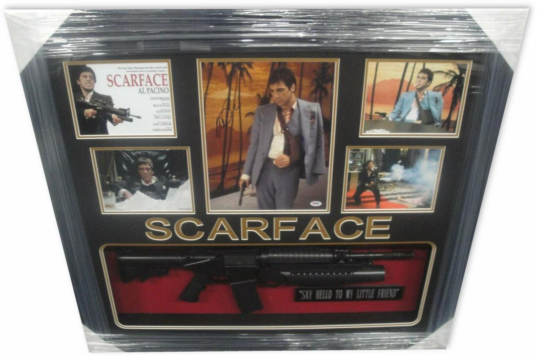 Al Pacino Hand Signed Photo Collage Scarface Framed With Machine Gun PSA: Al Pacino Hand Signed Photo Collage Scarface Framed With Machine Gun PSA Original/Reproduction: Original Autograph Authentication: Professional Sports (PSA/DNA) Player: Al Pacino PLEASE NOTE: Framed L