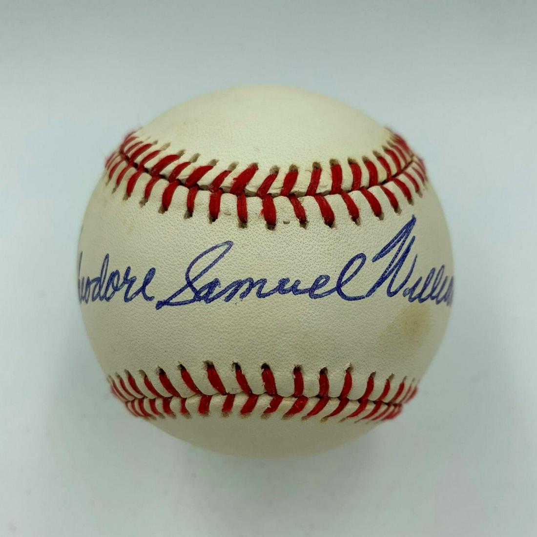 Ted "Theodore Samuel" Williams Full Name Signed Baseball JSA COA Graded MINT: Ted "Theodore Samuel" Williams Full Name Signed Baseball JSA COA Graded MINT Product: Ball Sport: Baseball-MLB Autograph Authentication: James Spence (JSA) Player: Ted Williams Original/Reprint: Origi