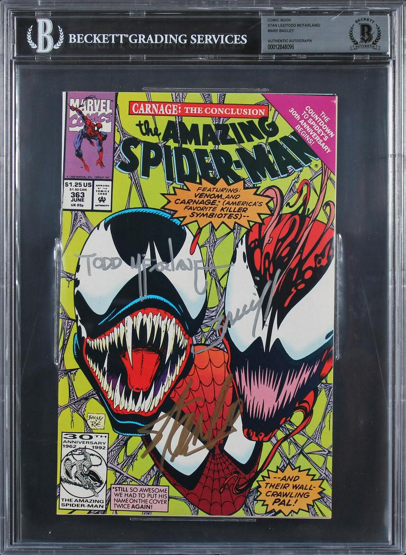 (3) Stan Lee McFarlane & Bagley Signed Spider-Man #363 Carnage Comic BAS: (3) Stan Lee McFarlane & Bagley Signed Spider-Man #363 Carnage Comic BAS Industry: Movies Original/Reproduction: Original Autograph Authentication: Beckett PRODUCT_COA: Beckett PRODUCT_SIGNED_BY_NAME: