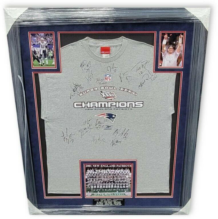 Tom Brady Signed Auto T-Shirt Team Signed 1st Patriots Win 2002 Champions: Tom Brady Signed Auto T-Shirt Team Signed 1st Patriots Win 2002 Champions Sport: Football-NFL Product: Jersey Original/Reprint: Original Player: Tom Brady Team: New England Patriots Autograph Authenti