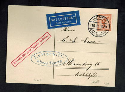 1929 Frankfurt Flight Germany Graf Zeppelin Postcard Cover to Hamburg LZ: 1929 Frankfurt Flight Germany Graf Zeppelin Postcard Cover to Hamburg LZ Era: 1931 Topic: Zeppelin Type: Cover Quality: Used Place of Origin: Germany & Colonies Grade: Ungraded Certification: