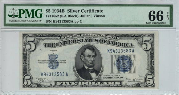 1934 B $5 SILVER CERTIFICATE NOTE FR.1652 RARE KA BLOCK PMG GEM UNC 66: 1934 B $5 SILVER CERTIFICATE NOTE FR.1652 RARE KA BLOCK PMG GEM UNC 66 Country/Region of Manufacture: United States Certification Number: 1606978-004 Certification: PMG Grade: 66 Type: Banknotes