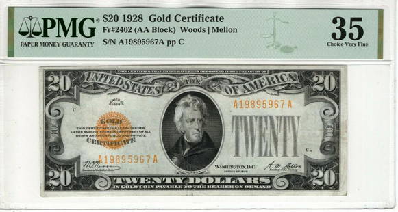 1928 $20 GOLD CERTIFICATE NOTE FR.2402 AA BLOCK PMG CHOICE VERY FINE VF: 1928 $20 GOLD CERTIFICATE NOTE FR.2402 AA BLOCK PMG CHOICE VERY FINE VF Country/Region of Manufacture: United States Certification Number: 2081062-005 Certification: PMG Grade: 35 Type: Banknotes