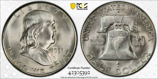 1951 S FRANKLIN HALF DOLLAR 50C PCGS MS 66+ FBL UNC PLUS - FULL BELL LINES: 1951 S FRANKLIN HALF DOLLAR 50C PCGS MS 66+ FBL UNC PLUS - FULL BELL LINES Certification: PCGS Composition: Silver Grade: MS-66+ Year: 1951 Circulated/Uncirculated: Uncirculated Strike Type: MS Mint