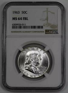 1963 FRANKLIN HALF DOLLAR 50C NGC MS 64 FBL MINT UNC - FULL BELL LINES: 1963 FRANKLIN HALF DOLLAR 50C NGC MS 64 FBL MINT UNC - FULL BELL LINES Certification: NGC Composition: Silver Grade: MS-64 Year: 1963 Circulated/Uncirculated: Uncirculated Strike Type: MS Mint