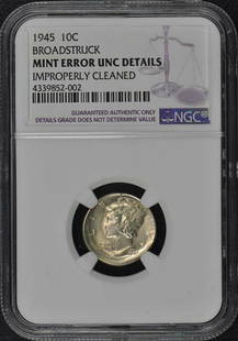 1945 Mercury Dime 10C Mint Error Broadstruck NGC UNC: 1945 Mercury Dime 10C Mint Error Broadstruck NGC UNC Certification: NGC Certification Number: 4339852002 Grade: UNC Details Year: 1945 Circulated/Uncirculated: Uncirculated Strike Type: Business
