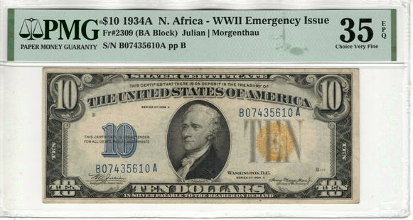 1934 A $10 SILVER CERTIFICATE NORTH AFRICA FR.2309 BA BLOCK PMG CHOICE VF 35: 1934 A $10 SILVER CERTIFICATE NORTH AFRICA FR.2309 BA BLOCK PMG CHOICE VF 35 Country/Region of Manufacture: United States Certification Number: 2079931-014 Certification: PMG Grade: 35 Type: North