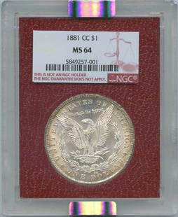1881-CC $1 Morgan Dollar ParamountNGC: 1881-CC $1 Morgan Dollar ParamountNGC Certification: NGC Certification Number: 5849257001 Grade: MS64 Year: 1881 Circulated/Uncirculated: Uncirculated Strike Type: Business Mint Location: Carson