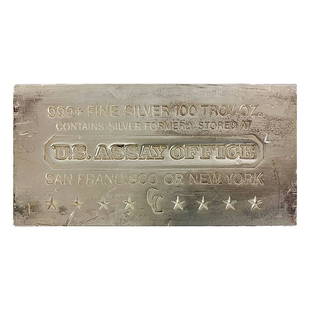 100 oz U.S. Assay Office Silver Bar .999+ Fine: 100 oz U.S. Assay Office Silver Bar .999+ Fine Condition: Secondary Market Purity: .999 Actual Weight: 100 troy oz Gross Weight : 3110 grams Dimensions: 154 x 77 x 26.6 mm The MYNT Guarantee: All