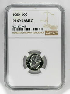 1960 PROOF ROOSEVELT DIME 10C NGC CERTIFIED PF 69 UNCIRCULATED - CAMEO: 1960 PROOF ROOSEVELT DIME 10C NGC CERTIFIED PF 69 UNCIRCULATED - CAMEO Certification: NGC Composition: Silver Grade: PF-69 Year: 1960 Circulated/Uncirculated: Uncirculated Strike Type: PR Mint