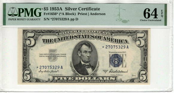 1953 A $5 SILVER CERTIFICATE STAR NOTE CURRENCY FR.1656* PMG CHOICE UNC 64: 1953 A $5 SILVER CERTIFICATE STAR NOTE CURRENCY FR.1656* PMG CHOICE UNC 64 Country/Region of Manufacture: United States Certification Number: 2077781-082 Certification: PMG Grade: 64 Type: Banknotes