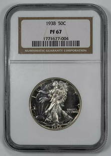 1938 PROOF WALKING LIBERTY HALF DOLLAR 50C SILVER NGC CERTIFIED PF 67: 1938 PROOF WALKING LIBERTY HALF DOLLAR 50C SILVER NGC CERTIFIED PF 67 Certification: NGC Composition: Silver Grade: PF-67 Year: 1938 Circulated/Uncirculated: Uncirculated Strike Type: PR Mint