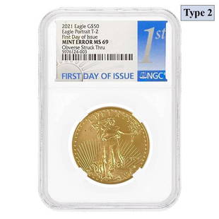 2021 1 oz Gold American Eagle Type 2 NGC MS 69 FDOI Mint Error (Obv Struck Thru): 2021 1 oz Gold American Eagle Type 2 NGC MS 69 FDOI Mint Error (Obv Struck Thru) Year: 2021 (Type 2) Purity: .9167 Denomination: $50 Actual Weight: 1 troy oz Gross Weight : 33.93 grams Diameter: