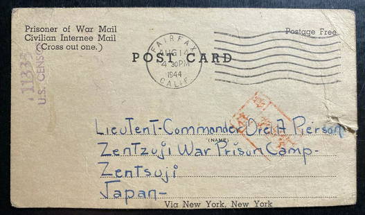 1944 Fairfax CA USA Censored PC Cover to Prisoner of War POW Zentsuji: 1944 Fairfax CA USA Censored PC Cover to Prisoner of War POW Zentsuji Grade: Ungraded Place of Origin: United States Quality: Used Topic: Red Cross Country/Region of Manufacture: Japan