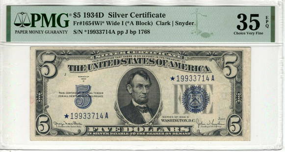 1934 D $5 SILVER CERTIFICATE STAR NOTE CURRENCY FR.1654Wi* PMG CHOICE VF 35: 1934 D $5 SILVER CERTIFICATE STAR NOTE CURRENCY FR.1654Wi* PMG CHOICE VF 35 Country/Region of Manufacture: United States Certification Number: 2078897-078 Certification: PMG Grade: 35 Type: