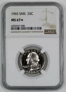 1965 SMS WASHINGTON QUARTER 25C NGC CERTIFIED MS 67* MINT UNC STAR: 1965 SMS WASHINGTON QUARTER 25C NGC CERTIFIED MS 67* MINT UNC STAR Certification: NGC Composition: Copper-Nickel Grade: MS-67* Year: 1965 Circulated/Uncirculated: Uncirculated Strike Type: MS Mint