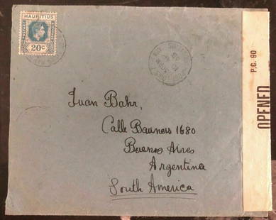 1943 Port Louis Mauritius Censored Cover To Buenos Aires: 1943 Port Louis Mauritius Censored Cover To Buenos Aires Type: Cover Cancellation Type: First Day of Issue Quality: Used Place of Origin: Mauritius Grade: Ungraded Certification: Uncertified 