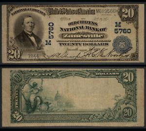 Zanesville OH $20 1902 PB National Bank Note Ch #5760 Old Citizens NB: Zanesville OH $20 1902 PB National Bank Note Ch #5760 Old Citizens NB Certification: Uncertified Grade: Very Fine+ Denomination: $20 Type: National Bank Note Year: 1902 PB Circulated/Uncirculated: