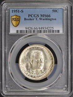 WASHINGTON BOOKER T. 1951-S 50C Silver Commemorative PCGS: WASHINGTON BOOKER T. 1951-S 50C Silver Commemorative PCGS Certification: PCGS Certification Number: 44934225 Grade: MS66 Year: 1951 Denomination: Booker T. Washington 50c Circulated/Uncirculated: