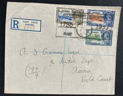 1935 Port Louis Mauritius Airmail cover to Gold Coast King George Jubilee: 1935 Port Louis Mauritius Airmail cover to Gold Coast King George Jubilee Place of Origin: Mauritius Quality: Used Grade: Ungraded Country/Region of Manufacture: Mauritius Certification: Uncertified