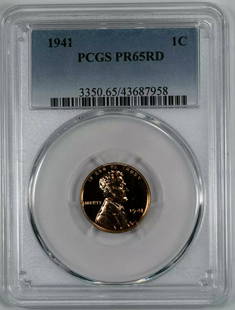 1941 PROOF LINCOLN WHEAT CENT PENNY 1C PCGS CERTIFIED PR 65 RED: 1941 PROOF LINCOLN WHEAT CENT PENNY 1C PCGS CERTIFIED PR 65 RED Certification: PCGS Composition: Copper Grade: PR-65 Year: 1941 Circulated/Uncirculated: Uncirculated Strike Type: PR Mint Location: