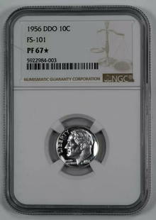 1956 DDO PROOF ROOSEVELT DIME 10C FS-101 NGC CERTIFIED PF 67* STAR PROOF: 1956 DDO PROOF ROOSEVELT DIME 10C FS-101 NGC CERTIFIED PF 67* STAR PROOF Certification: NGC Composition: Silver Grade: PF-67 Year: 1956 Circulated/Uncirculated: Uncirculated Strike Type: PR Mint