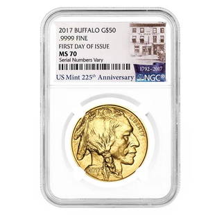 2017 1 oz $50 Gold American Buffalo NGC MS 70 FDOI: 2017 1 oz $50 Gold American Buffalo NGC MS 70 FDOI Year: 2017 Purity: .9999 Denomination: $50 Actual Weight: 1 troy oz Gross Weight : 31.103 grams Diameter: 32.7 mm Thickness: 2.95 mm Mint/Brand: US