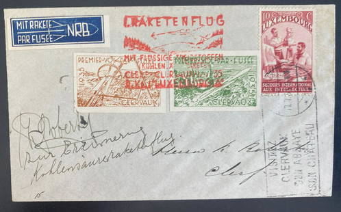 1935 Luxembourg First Rocket Flight Mail Cover Signed: 1935 Luxembourg First Rocket Flight Mail Cover Signed Type: Cover Country/Region of Manufacture: Luxembourg Place of Origin: Luxembourg Quality: Used Grade: Ungraded Certification: Uncertified 