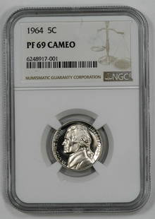 1964 PROOF JEFFERSON NICKEL 5C NGC CERTIFIED PR PF 69 CAMEO: 1964 PROOF JEFFERSON NICKEL 5C NGC CERTIFIED PR PF 69 CAMEO Certification: NGC Composition: Nickel Grade: PF-69 Year: 1964 Circulated/Uncirculated: Uncirculated Strike Type: PR Mint Location: P