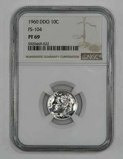 1960 DDO PROOF ROOSEVELT DIME 10C FS-104 NGC CERTIFIED PF 69 TOP POP 2/0: 1960 DDO PROOF ROOSEVELT DIME 10C FS-104 NGC CERTIFIED PF 69 TOP POP 2/0 Certification: NGC Composition: Silver Grade: PF-69 Year: 1960 Circulated/Uncirculated: Uncirculated Strike Type: PR Mint