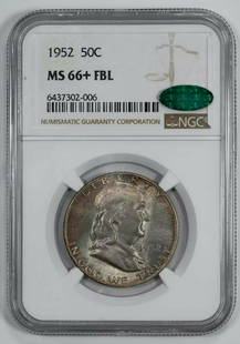 1952 FRANKLIN HALF DOLLAR 50C NGC & CAC MS 66+ FBL UNC PLUS - FULL BELL LINES: 1952 FRANKLIN HALF DOLLAR 50C NGC & CAC MS 66+ FBL UNC PLUS - FULL BELL LINES Certification: NGC and CAC Composition: Silver Grade: MS-66+ Year: 1952 Circulated/Uncirculated: Uncirculated Strike