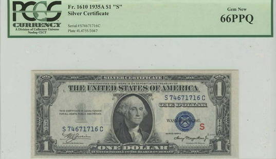 1935A $1 S Silver Certificate PGCS 66 Gen New: 1935A $1 S Silver Certificate PGCS 66 Gen New Certification: PCGS Certification Number: 80021083 Grade: MS66 Circulated/Uncirculated: Uncirculated Denomination: Silver Certificate Type: FR#1610