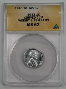 1943 LINCOLN WHEAT STEEL CENT 1C ANACS MS 62 MINT STATE UNC - CURVED CLIP: 1943 LINCOLN WHEAT STEEL CENT 1C ANACS MS 62 MINT STATE UNC - CURVED CLIP Certification: ANACS Composition: Copper Grade: MS-62 Year: 1943 Circulated/Uncirculated: Uncirculated Strike Type: MS Mint